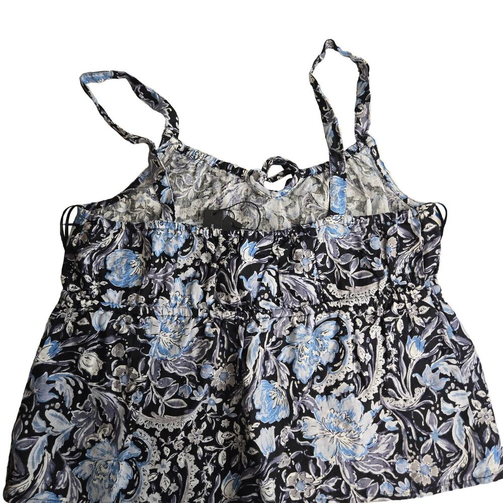 Tahari Floral Linen Camisole Top L Black Blue White Lightweight Adjustable